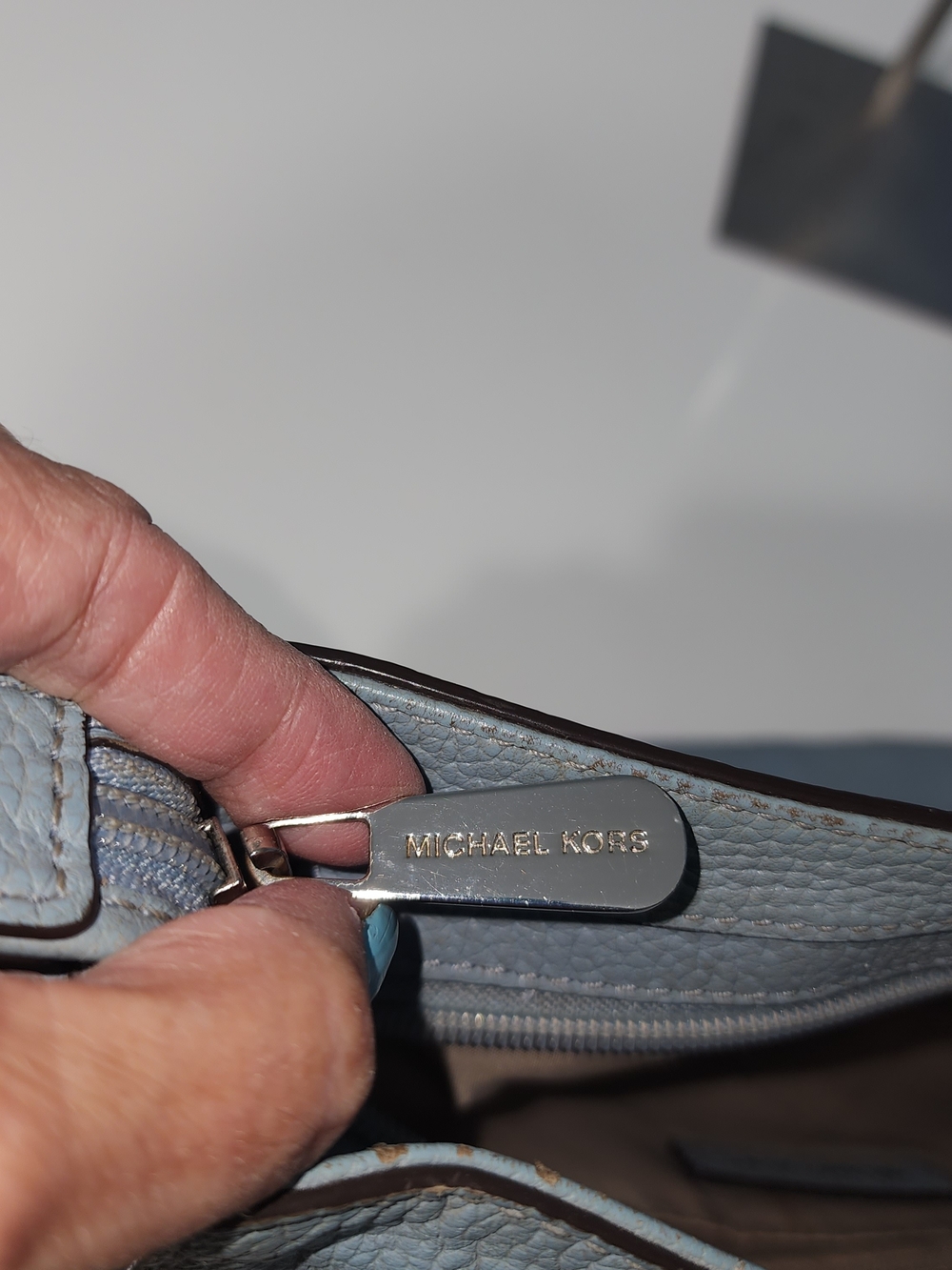 Michael Kors Light Blue Pebbled Leather Shoulder Bag MK Charm Silver Preowned - Picture 12 of 16